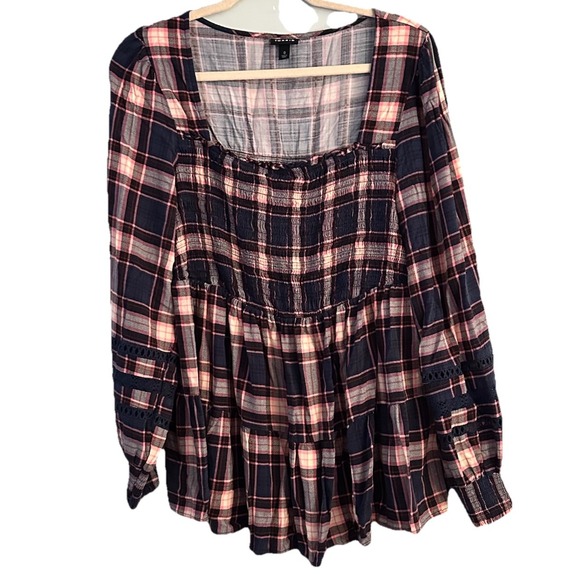 torrid Tops - Torrid Babydoll Rayon Slub With Lace Inset Smocked Tiered Top Blue Plaid Large